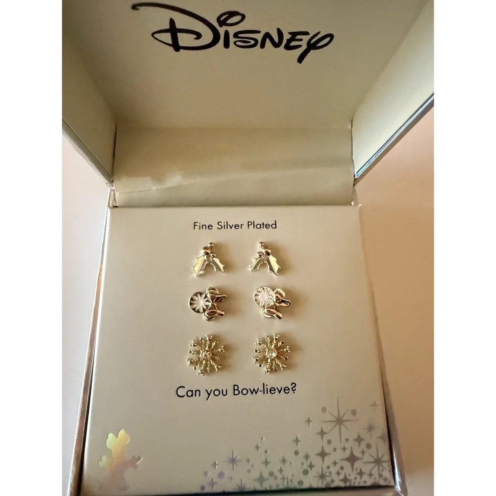 DISNEY Silver Plated Can You Bowlieve Christmas Earring Set Of 3 Minnie